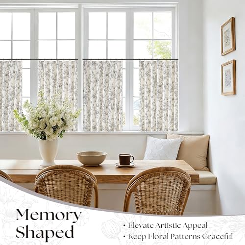 Short Linen Floral Pinch Pleated Curtains 36 Inches Long for Bathroom Black Farmhouse Light Filtering Lily Peony Flower Patterned Cafe Curtain Semi Sheer Drape for RV Camper Small Windows 2 Panels - color: Black, size: 40"W x 36"L (Pack of 2)
