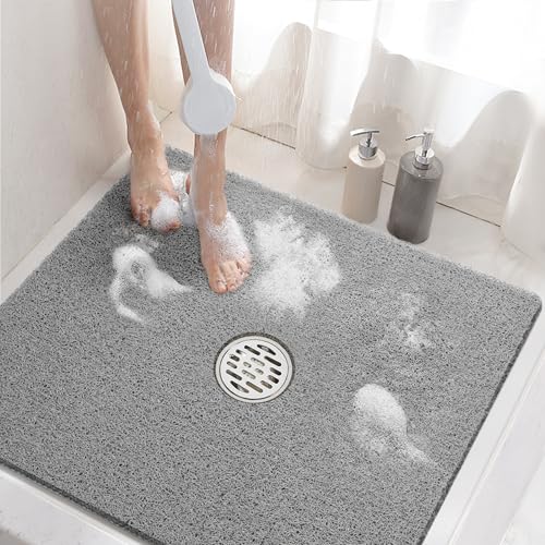 HITSLAM Square Shower Mat, 24 x 24 Inch Non Slip Bath Mat for Tub, Soft PVC Loofah Bathtub Mats with Drain Holes, Quick Drying Bathroom Stall Floor Mat, Bathroom Accessories Without Suction Cup, Grey - color: Grey, size: 24" x 24" (Square)