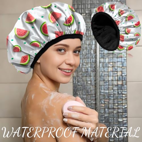 Luxury Shower Cap Terry Cloth Lined EVA Waterproof Reusable Triple Layer Elastic Hair Bath Caps for Women Girls Cute (C18-Watermelon) - color: C18-Watermelon