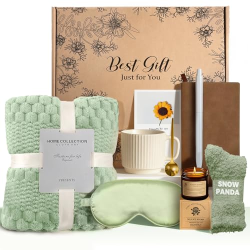 Birthday Gifts for Women, Personalized Self Care Gift Basket with 50"x60" Flannel Blanket, Spa Gift Set for Mom, Sister, Friend, Wife, Coworker, Thinking of You Care Package - color: Sage Green-10 Pc