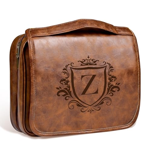 Personalized Hanging Toiletry Bag Travel Gifts for Men Him, 3-in-1 Large Laser-Engraved Initial Waterproof PU Leather Shaving Bag Valentines Birthday Gift for Men Dad Husband Light Brown Z - color: Light Brown, style: Z