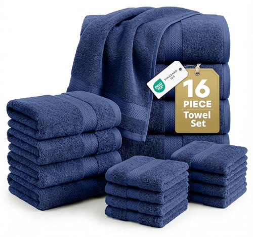 LANE LINEN Luxury Cotton Bath Towel Set - 16 Piece - Low Twist, Soft & High Absorbency - 4 Bath, 8 Wash cloths, 4 Hand Towels - Classic Hotel Quality, Durable & Ideal for Modern Bathrooms - Navy Blue - color: 06: Navy