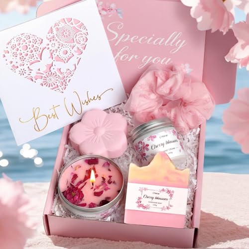 Cherry Blossom Spa Gifts for Women - Luxurious Birthday Spa Bakset with Greeting Card for Women, Self Care Package for Her Birthday, Mothers Day, Thinking of You