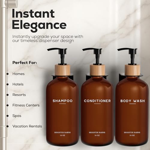 Amber Shampoo and Conditioner Dispenser Set Wall Mounted by Brighter Barns - Refillable Shampoo Dispenser for Shower Wall 3 Chamber No Drill - Plastic Shower Bottles for Guest Bathroom, Hotel (Amber) - color: Boho (Amber)