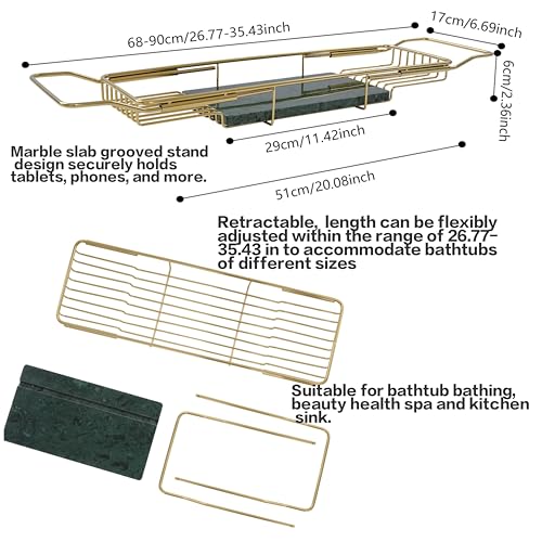 Expandable Bathtub Tray Caddy Shelf with Marble Table Mobile/Tablet Stand, Luxury Bath Tub Tray Rack, Bathroom Home Spa Shower Accessories Perfect Relaxing Spa Gifts for Women and Towel