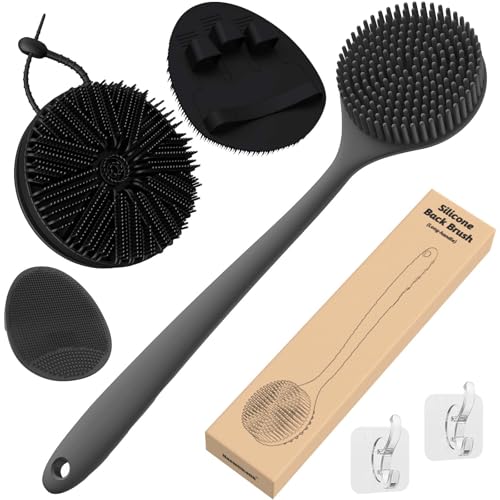 Manmihealth Silicone Back Scrubber & Soft Bath Glove Set 4 PCS(Thick Bristles), Super-Exfoliating Body Scrubber & Super-Lathering Shower Brush Combination, with 2 Adhesive Hooks (Black) - color: Black, size: Thick Bristles Set