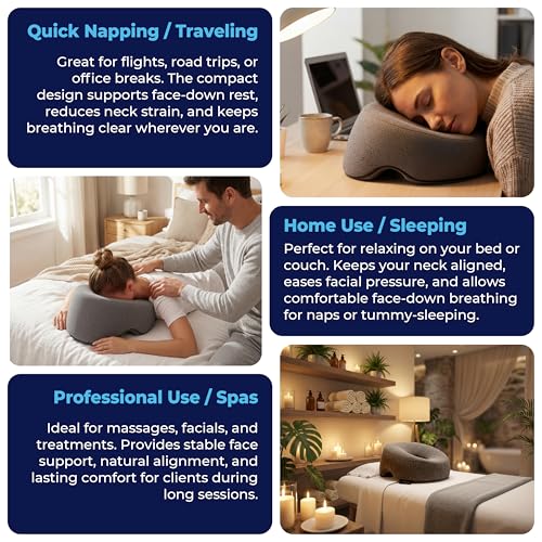 Face Down Pillow for Massage Bed – BBL & Eye Surgery Recovery Headrest | Stomach Sleeping Face Pillow for Prone Sleep, Tanning & Spa | Adjustable Memory Foam Cradle with Removable Cover (Grey) - color: Grey
