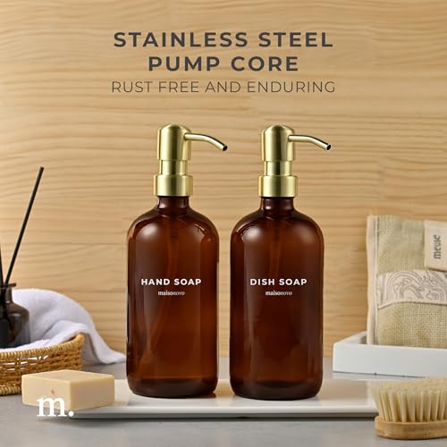 MaisoNovo Soap Dispenser 2-Piece Set | 16.9oz Amber Bottles with Gold Stainless Steel Pump Core - color: Amber/Gold