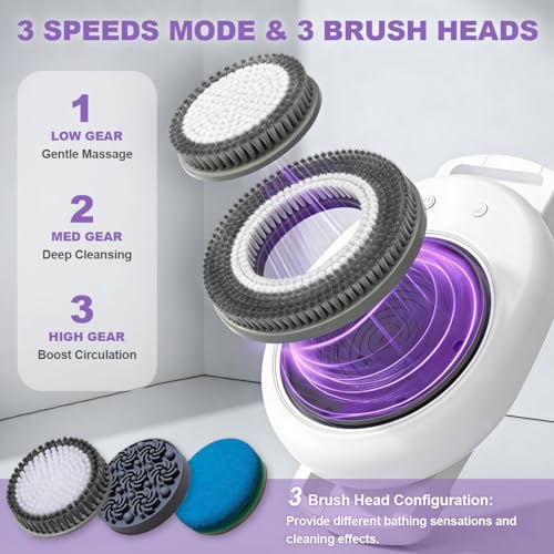 Electric Back Scrubber for Shower Wall Mounted, Hands-Free Automatic Shower Back Washer with 3 Replaceable Heads, Perfect for Men and Women, Easy to Install