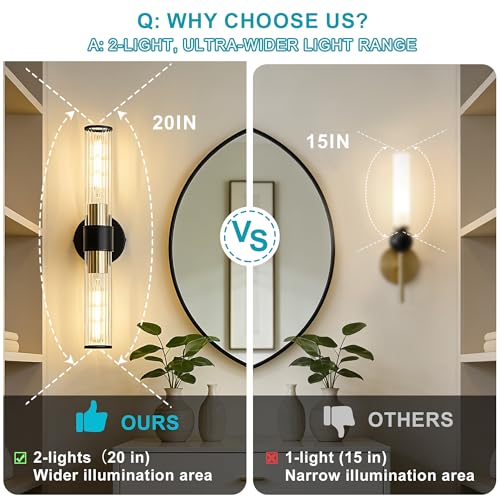 Bathroom Light Fixtures 2 Pack Hardwired, Black Gold Wall Sconce Threaded Glass Vanity Light Featuring Two E26 sockets, Bathroom Wall Light Dimmable - Bulb Not Included, UL Certification - color: Black Gold Threaded Glass-2Pack