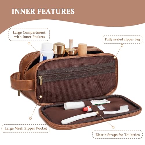 Travel Toiletry Bag For Mens PU Leather Engraved Initials (Yellow Brown Y) | Personalized Gifts For Father Husband Groomsmen Birthday Waterproof Dopp Kit Bag Beach Travel Essentials Bathroom Organizer - color: Yellow Brown, style: Y