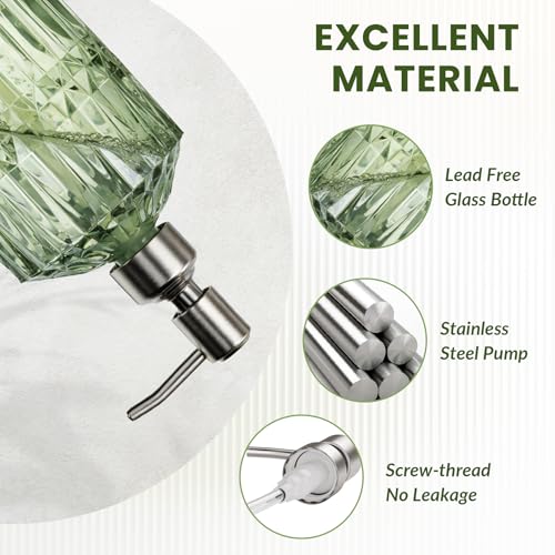 AmazerBath Soap Dispenser, Green Glass Soap Dispenser with Pump Stainless Steel, 14.2OZ Refillable Hand Bottles Bathroom Kitchen, 1 Pack - color: Green & Stainless Steel -1 Pack