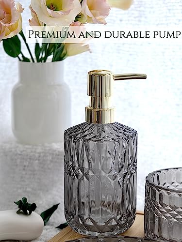LaMarriti Gray Bathroom Accessories Set, 5Pcs Glass Bathroom Set, Soap Dispenser and Toothbrush Holder Set, Soap Dish, Q-Tips Holder Set, Black and Gold Accent for Vintage Bathroom Decor - style: Grey black