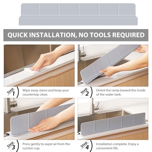 29Inch Sink Splash Guard – Extended Length & Tall Silicone Kitchen Sink Splash Guard with Overhang Drainage Design & Strong Suction Cups for Countertop(Grey, 29''x3.5'') - color: Gray, size: 29''x3.5''
