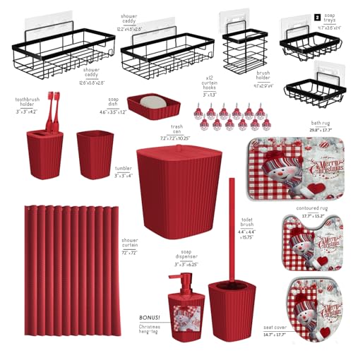 Clara Clark Bathroom Set - Christmas Bathroom Accessories Set, 27PC Bathroom Accessory Set, Christmas Bathroom Sets with Bathroom Rugs, Adhesive Corner Shower Caddy Hanging, Toilet Brush & Trash Can - color: Christmas, size: Complete Set + Bath Rug + Show