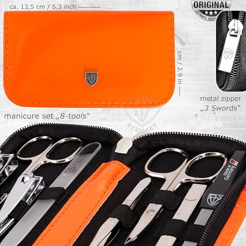 3 Swords Germany - brand quality 8 piece manicure pedicure grooming kit set synthetic leather case orange - Made in Germany - color: ORANGE
