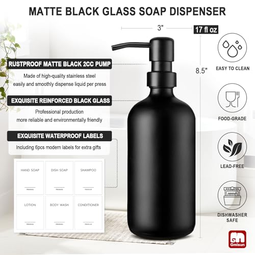 GMISUN Black Soap Dispenser, 2 Pack Matte Black Hand Soap Dispensers Bathroom with Stainless Steel Pump, 17 Fl Oz Glass Dish Soap Dispenser Set for Kitchen, Modern Liquid Soap Bottle with Labels - color: Black Bottle + Black Pump