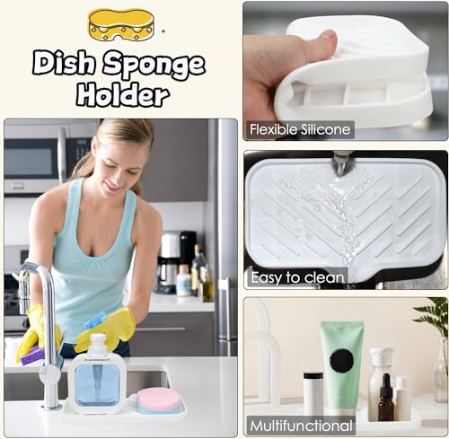 Yasmen Silicone Bathroom Soap Dishes, Sink Sponge Holder for Kitchen, Rubber Soap Dish with Drain, Shower Soap Sponge Tray, Sink or Counter Organizer, for Bar Soap, Bottle, Dish Soap Dispenser-White - color: White, size: L(9.5"×5.1" )