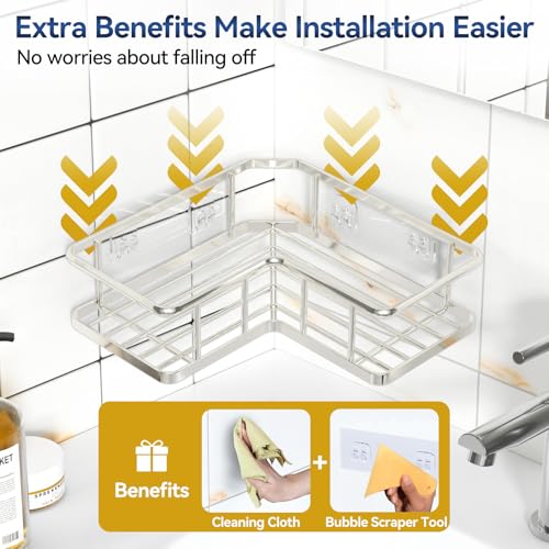 YASONIC Corner Shower Caddy Organizer, Self-Adhesive Rustproof Bath Shelves with Soap Holder & 4 Hooks, Large Capacity Shower Storage Rack for Bathroom Organization, (3Pack, Silver) - color: Silver
