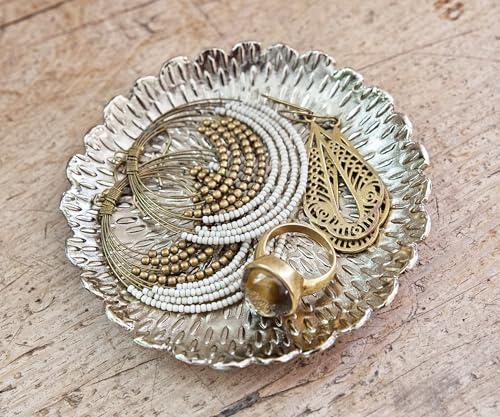 Brass Jewelry Tray with Design – Gold Color Circular Small Round Spoon Rest Candle Holder Soap Dish - Perfect Catchall for Wax Candles, Jewelry, Rings, and Trinkets - color: Brass With Embossed Design