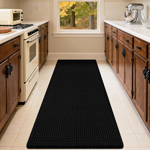 Extra Large Waffle Bath Mat Black 6'x2'(72" x 24"), Boho Woven Modern Bath Mat Rugs, Absorbent Non Slip Bathroom Rugs, Soft Washable Bath Rugs with Tassels for Bathroom, Bedroom, Kitchen, Shower, Tub - color: Black, size: 2' x 6' (Runner)