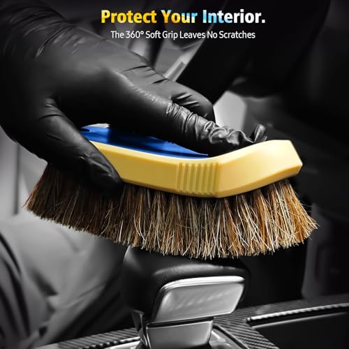 YeewayVeh Horse Hair Leather Cleaning Brush - Upgraded Long Bristle Car Leather Brush with 360° Soft Grip, for Car Interior Seats, Sofa, Upholstery & Furniture Care - color: Blue, size: 1 Pack
