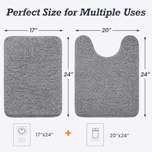 HUXMEYSON Bathroom Rugs Set 2 Piece, Ultra Absorbent Chenille Non Slip Bathroom Mat Set - 20'' x 24'' U-Shaped Contour Toilet Rug & 17'' x 24'' Extra Soft Plush Bath Mat - Machine Washable, Grey - color: Grey, size: 24" x 17" + U Shape 24" x 20"