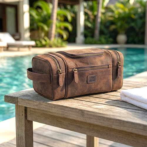 LEATHER VILLAGE Genuine Leather Travel Dopp Kit for Men & Women – Water-Resistant Large-Capacity Hanging Toiletry Bag for Travel, Grooming, Bathroom Organization, Shaving Essentials & Gym Use - Brown - color: Brown