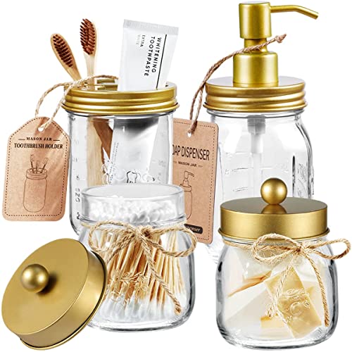 Amolliar Mason Jar Bathroom Accessories Set(4 Pcs) -Lotion Soap Dispenser & 2 Cotton Swab Holder & Toothbrush Holder-Rustic Farmhouse Decor, Countertop Vanity Organize, Bathroom Home Decor (Gold) - size: Gold, style: Standard-mouth