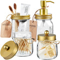 Amolliar Mason Jar Bathroom Accessories Set(4 Pcs) -Lotion Soap Dispenser & 2 Cotton Swab Holder & Toothbrush Holder-Rustic Farmhouse Decor, Countertop Vanity Organize, Bathroom Home Decor (Gold) - size: Gold, style: Standard-mouth