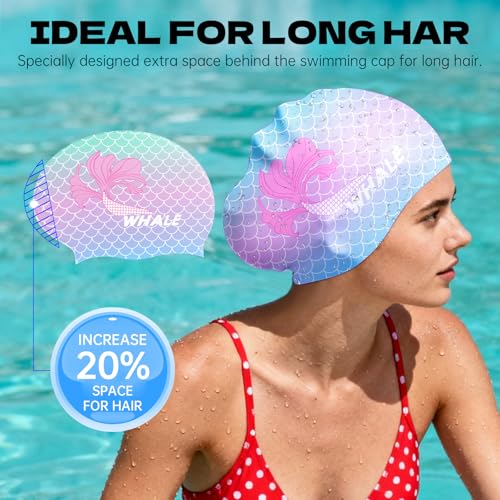 WHALE Extra Large Swim Cap Designed for Men and Women with Thick, Long Hair, Hair Extensions Or Afro-Textured Hair Long-Hair Swim Cap Highly Waterproof to Keep Hair Dry - color: Dreamlike Mermaid
