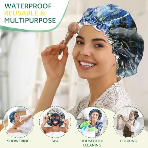 2 PCS Shower Cap Waterproof Double Layer Elastic Adjustable Reusable Hair Bath Caps for Girls Women Cute Aesthetic-Blue - color: G9-Blue