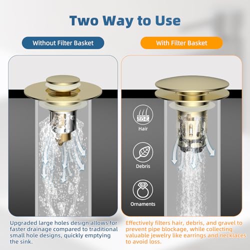 Hibbent Upgraded 3 in 1 Bathroom Sink Drain Strainer, Pop Up Sink Stopper with Big Push Cap, Anti-Clogging Metal Filter Basket,Sink Plug with Hair Catcher for 1.1''~2.36'' Basin, Brushed Gold - color: Brushed Gold