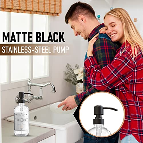 Sunrise Premium 2 Pack Clear Glass Soap Dispenser 16 OZ with Matte Black Stainless Steel Pump, Hand and Dish Soap Dispenser Set for Bathroom and Kitchen Sink with 6 Waterproof Labels - color: Matte Black Ss Pump - Clear Glass