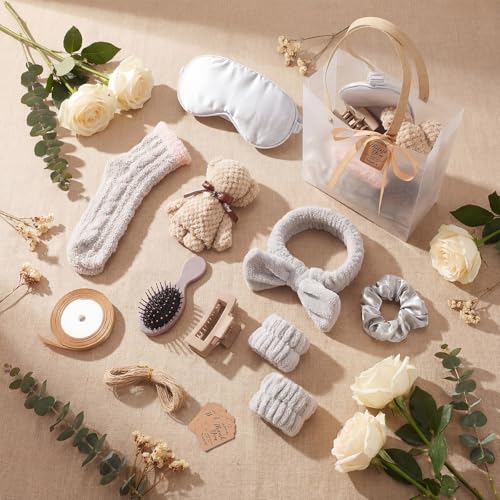 6 Set Spa Gifts Bulk for Women, Sleepover Party Favors Supplies for Bridesmaid Bridal Shower Wedding Guests Baby Shower Birthday Gift with Towels Socks Hair Tie Clip Eye Masks(Light Brown) - color: Light Brown