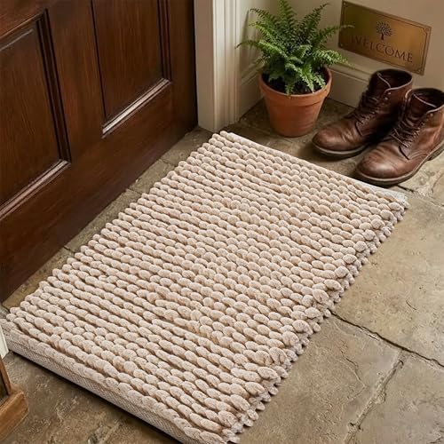 Cotton Chenille Bathroom Rug 17x24 Inch Beige, Soft Plush Popcorn Bath Mat, Ultra Absorbent Quick Dry, Machine Washable, Anti Skid Cotton Polyester Rug for Shower, Tub, Entryway - color: Beige, size: 1'5" x 2' (Rectangular)