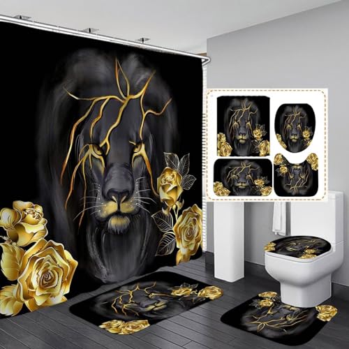 4 Piece Black and Gold Shower Curtain Set with Rugs, Majestic Lion & Golden Rose Art, Luxury Aesthetic Waterproof Fabric Bathroom Decor, Non-Slip Mats & Toilet Lid Cover - color: Gold Lion