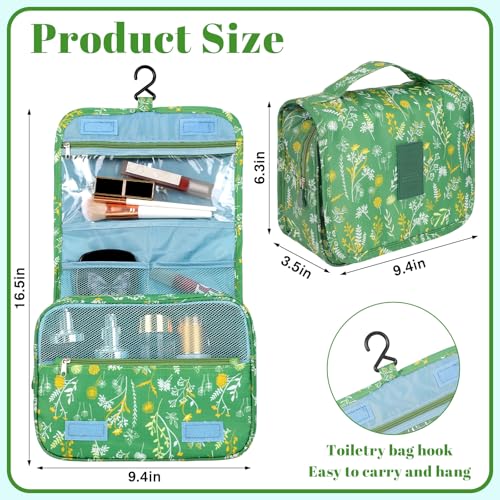 Pengxiaomei Hanging Toiletry Bag, Green Floral Waterproof Cosmetic Bag Portable Makeup Pouch Wash Bag with Handle for Woman Teen Girls Tea Party Summer Camp - color: Green