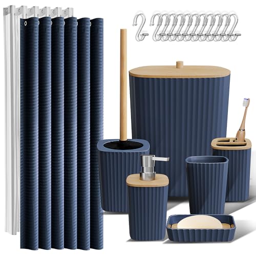 Clara Clark Bathroom Accessories Set - Bathroom Set, Bathroom Accessory Set, Shower Curtain Set, Toilet Brush, Trash Can & Soap Dispenser - Navy - 20PC - color: Navy Blue, size: Complete Set