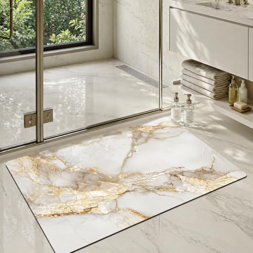 Color&Geometry Ultra Thin Bathroom Rugs Non Slip,Absorbent Quick Dry Bath Mats for Bathroom,Thin Bath Rugs Washable with Rubber Backing Fit Under Door Outside Shower,Gold-Veined White Marble,16"x24" - color: Gold-veined White Marble, size: 16"x24"