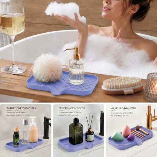 MicoYang Silicone Soap Dish with Drain Spout — Self-Draining Sink Organizer Tray for Bathroom & Kitchen, Sponges, Dispensers & Soap Holder, Non-Slip & Dishwasher Safe, Light Purple (Medium, 9.6"×5.3") - color: Light Purple, size: M(9.6"×5.3")
