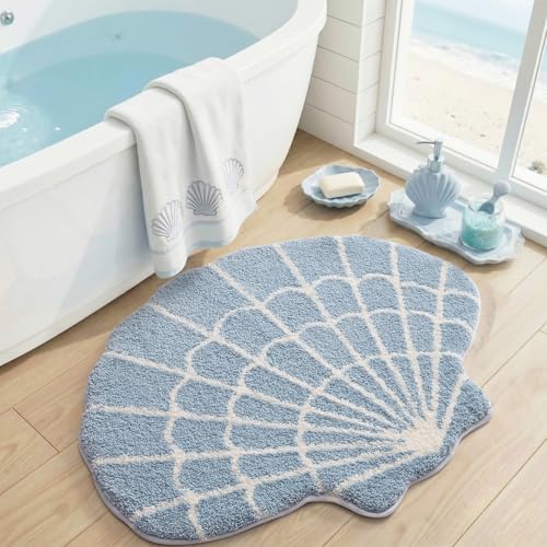 DEXI Seashell Bathroom Rugs Non Slip Washable, 38x30 Ultra Soft Cute Bath Mats for Bathroom Absorbent Quick Dry, Coastal Sea Bathmat for Shower Floor, Tub, Sink, Blue - color: Scallop Blue-large