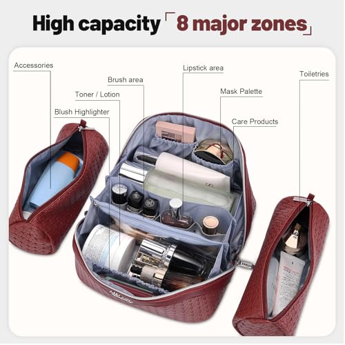 BOYATU Travel Makeup Bag Cosmetic Bags for Women: Large Capacity 3 Pcs Set Make up Bag with Compartments - Waterproof Vegan Leather Toiletry Organizer Bags with Handle (L52Burgundy) - color: L52Burgundy