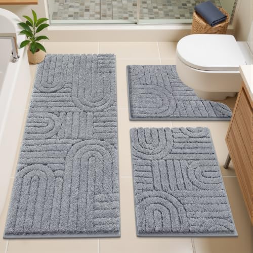 Vaukki Bathroom Rugs Sets 3 Piece, Light Grey Washable Non Slip Soft Bath Mats for Shower and Tub, Plush Absorbent Microfiber Toilet Rug U Shaped, 48x20+26x18+24x20 Inch - color: Light Grey, size: 18''x26''+20''x48''+20''x24''