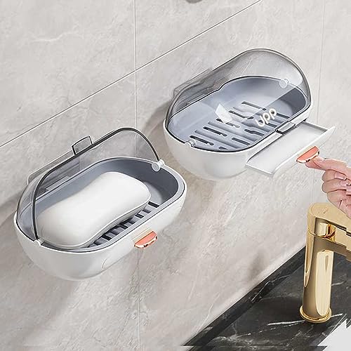 2 Pack Shower Soap Dish Holder with Lid, Bar Soap Holder with Drain, Wall Mounted Soap Box Container for Shower, Bathroom, Bathtub, Kitchen Sink, Adhesive Included - color: 2pcs White Wall-mounted