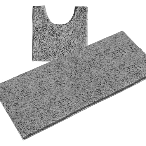 LuxUrux 2-Piece Bathroom Rug Set – Plush Chenille Runner & U-Shaped Toilet Mat, Soft, Absorbent & Non-Slip Design (20x20 U & 27x47 inches, Light Grey) - color: Light Grey, size: 2 Piece Set - X Large