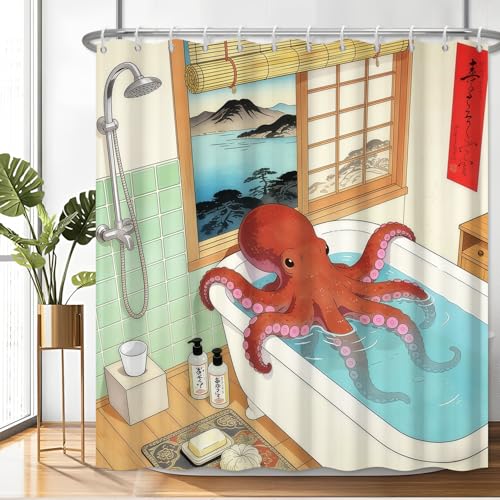 Fabric Shower Curtain with Hooks, Waterproof & Washable & Polyester, Fun Japanese Anime Octopus Shower Curtains for Bathroom, Cute Funny Whimsical Animal Bathroom Curtain, House Gift, 71x74 Inch - color: Fun Octopus