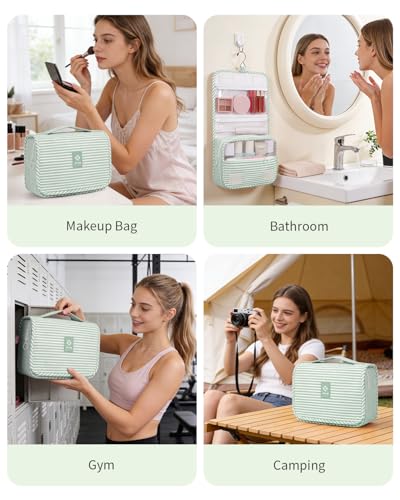 Narwey Small Hanging Toiletry Bag for Travel Women Girl, Striped Toiletries Travel Bag with Hook, Hanging Makeup Bag Organizer Make Up Cosmetic Bags, Gifts for Kids Teen (Mint Green Stripe) - color: Y-Mint Green Stripe