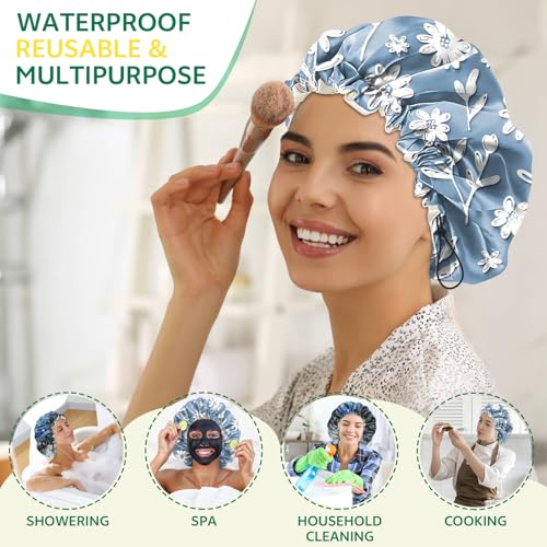 2 PCS Shower Cap Waterproof Double Layer Elastic Adjustable Reusable Hair Bath Caps for Girls Women Cute Aesthetic-Blue White - color: G18-Blue White