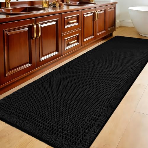 Extra Large Waffle Bath Mat, 6'x2' Black-Bordered, Super Absorbent Non-Slip Quick Dry Bathroom Rugs with Tassels, Machine Washable Ultra Soft Boho Bath Rugs for Floor, Toilet Mats Boho Farmhouse Decor - color: Black, size: 2' x 6' (Runner)